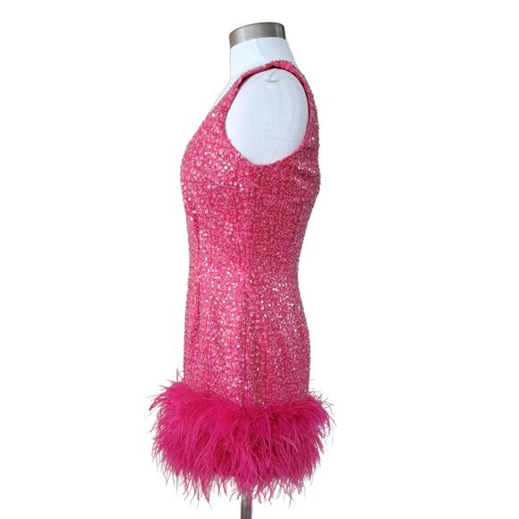 NADINE MERABI Hot Pink Evie Sequin Feather Trim Mini Dress Sz 6 Small Prom - Picture 7 of 16